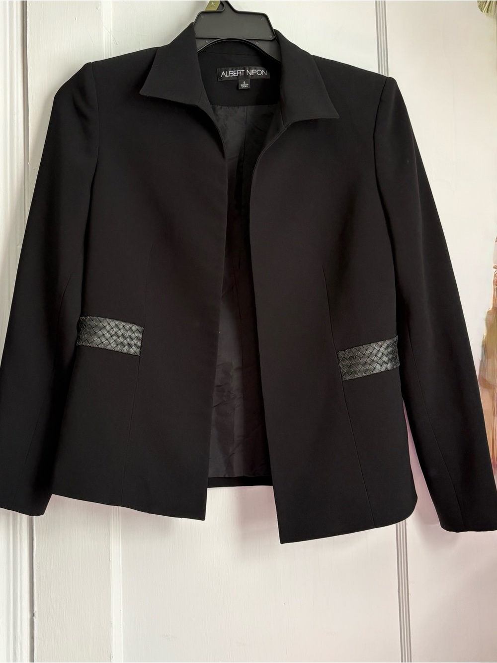 Albert Nipon Black Blazer Jacket with Textured Faux Leather Pocket Detail, Sz: 6